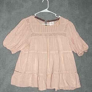 Knox Rose womens L short sleeve pink tiered puff sleeve cottage blouse prairie